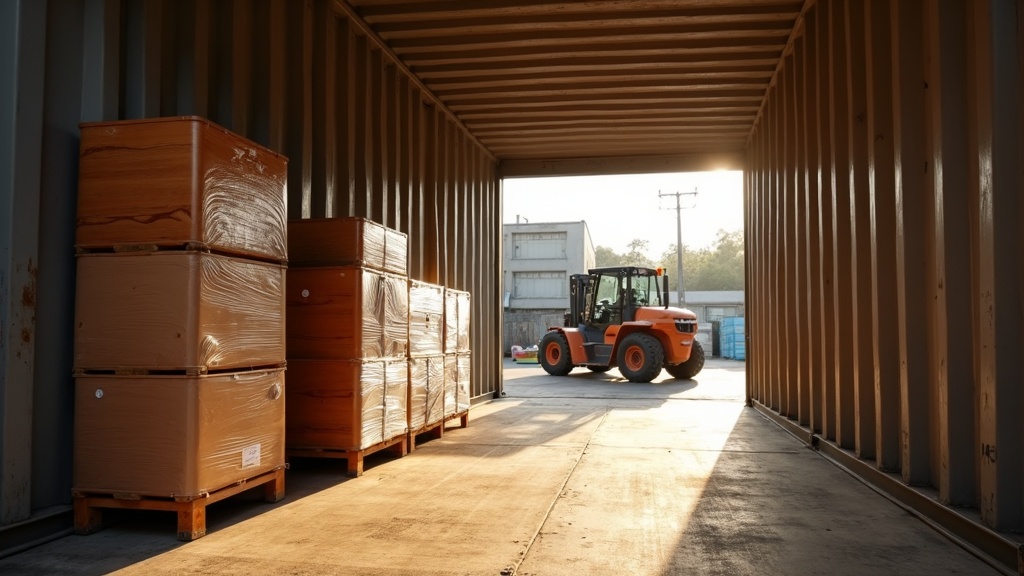 Solid teak furniture being loaded into a shipping container at a Jepara export yard in warm afternoon light